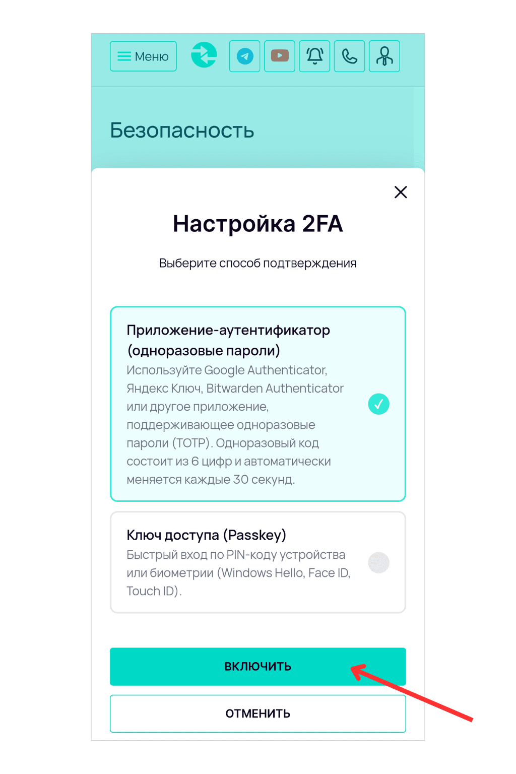 «Настройка 2FA» в сервисе. Пользователю предлагается выбрать способ подтверждения: приложение-аутентификатор или ключ доступа (Passkey). Выбран первый вариант, внизу расположены кнопки «Включить» и «Отменить».
