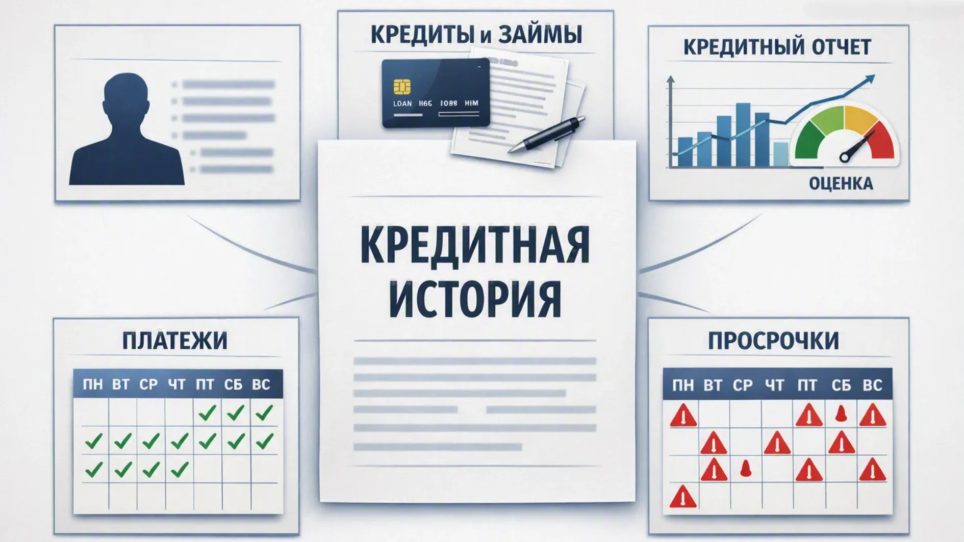 В центре документ с кредитной историей, вокруг него 5 визуальных блоков: кредиты и займы, платежи, просрочки, кредитный отчет, персональные данные человека