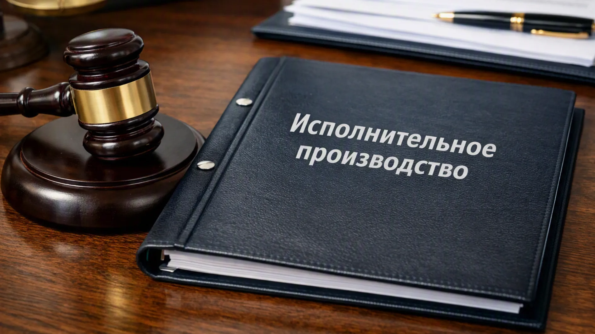 Молоток судьи и папка на которой написано «Исполнительное производство»