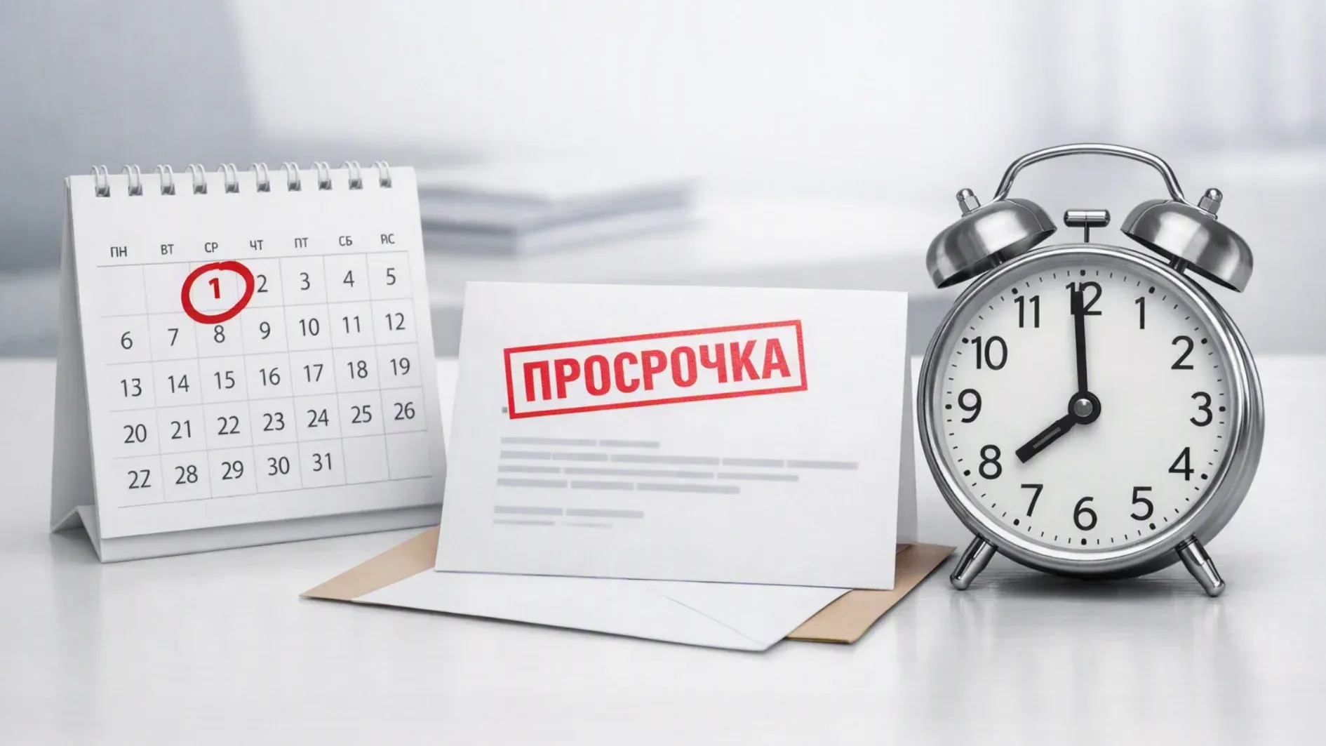 Уведомление о просрочке платежа на столе рядом с календарем и будильником.
