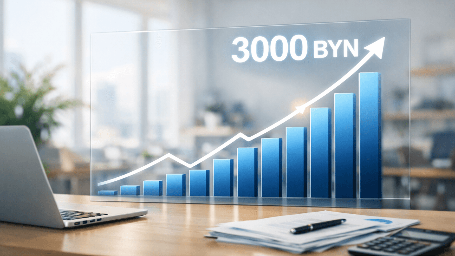 Офисное помещение, на столе ноутбук, увеличивающийся график 3000 BYN.