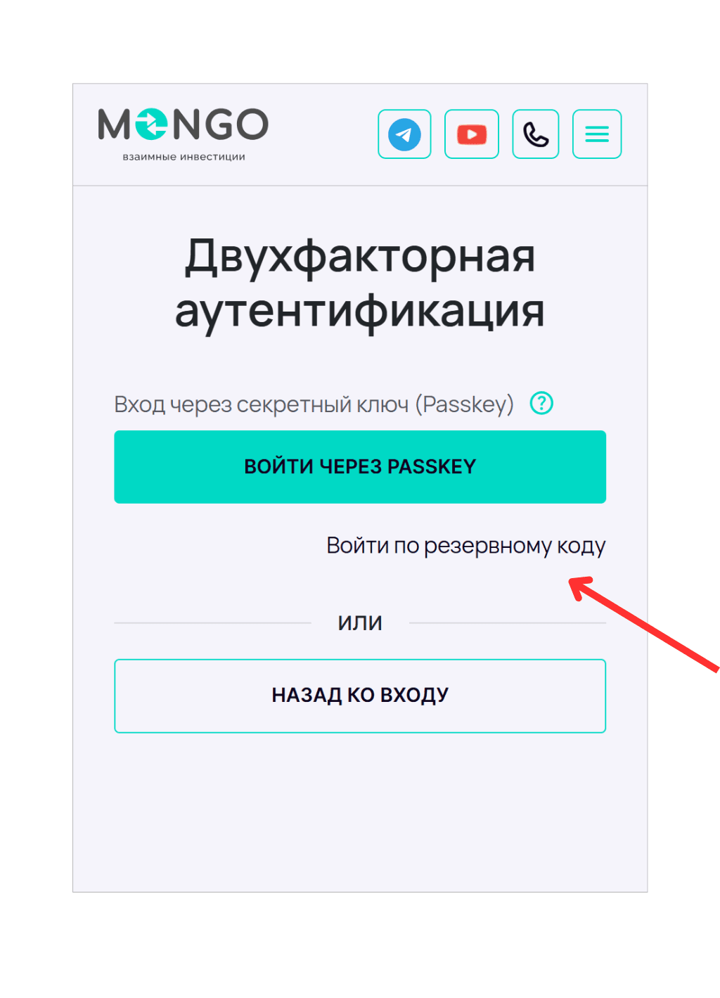 Экран «Двухфакторная аутентификация» с кнопкой «Войти через Passkey». Красная стрелка указывает на ссылку «Войти по резервному коду», ниже расположена кнопка «Назад ко входу».
