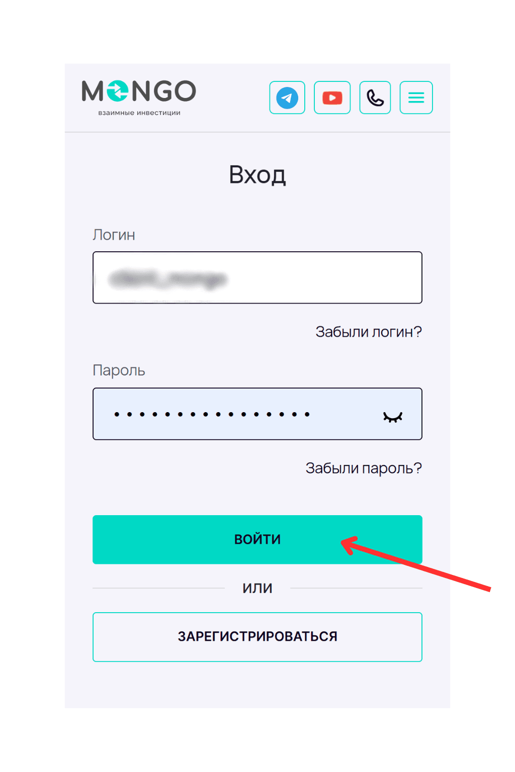 Страница входа в личный кабинет сервиса MONGO.